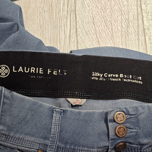 Laurie Felt Silky Curve Bootcut Cropped Med Wash Denim Logo Button Front LARGE - Picture 6 of 14